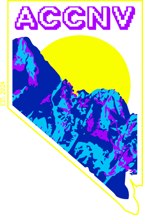 Logo for ACCNV. Features mountain landscape with a setting sun behind it. The color scheme is dark blue, cyan, fuchsia for the mountains and neon yellow for the sun. The shape of the state of Nevada borders around the mountain and sun, and is neon yellow. ACCNV Logo