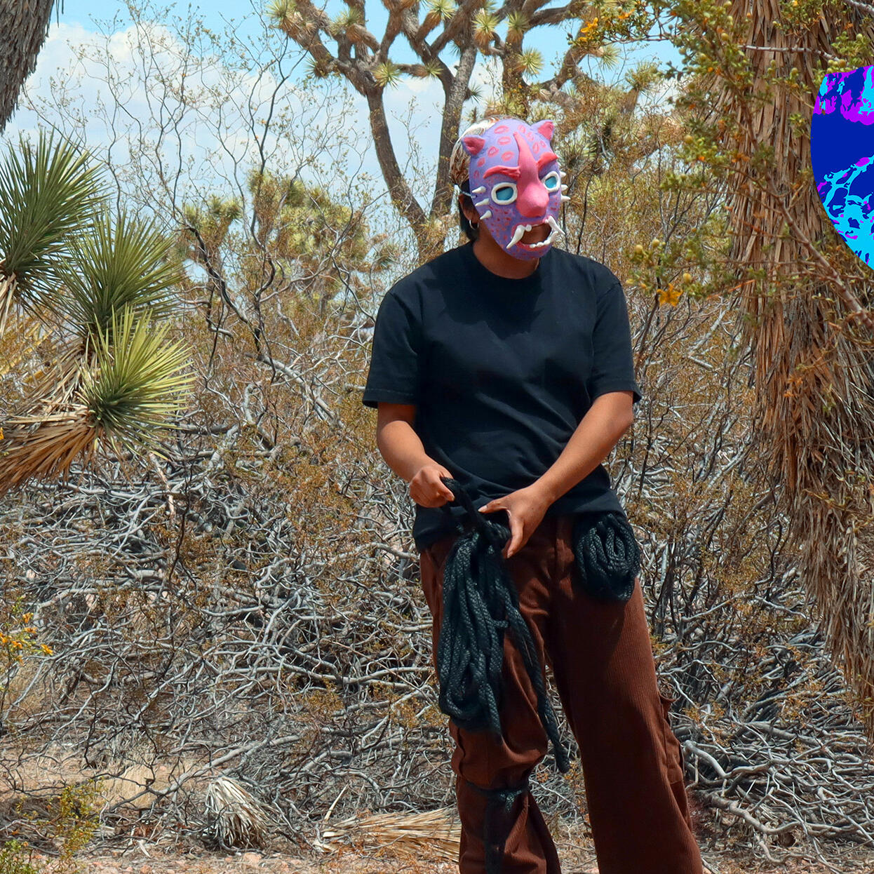 Image from Stone Soup event from 2023 Desert Biennial Project. Features bright orange diamond sign with black lettering spelling out Desert Biennial Project behind a sign made from dimensional lumber with Stone Soup painted in red on front of sign.