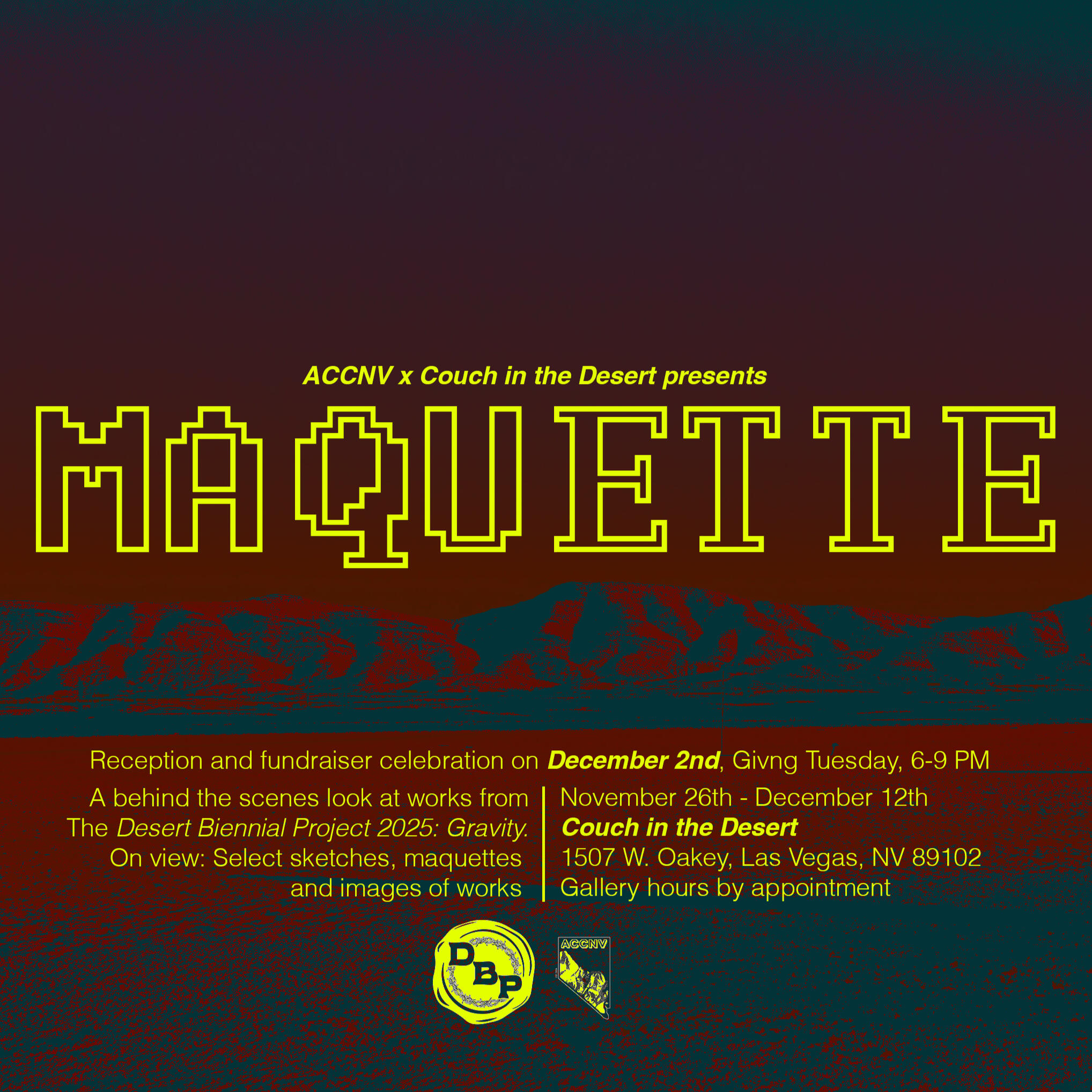 Image from Stone Soup event from 2023 Desert Biennial Project. Features bright orange diamond sign with black lettering spelling out Desert Biennial Project behind a sign made from dimensional lumber with Stone Soup painted in red on front of sign.