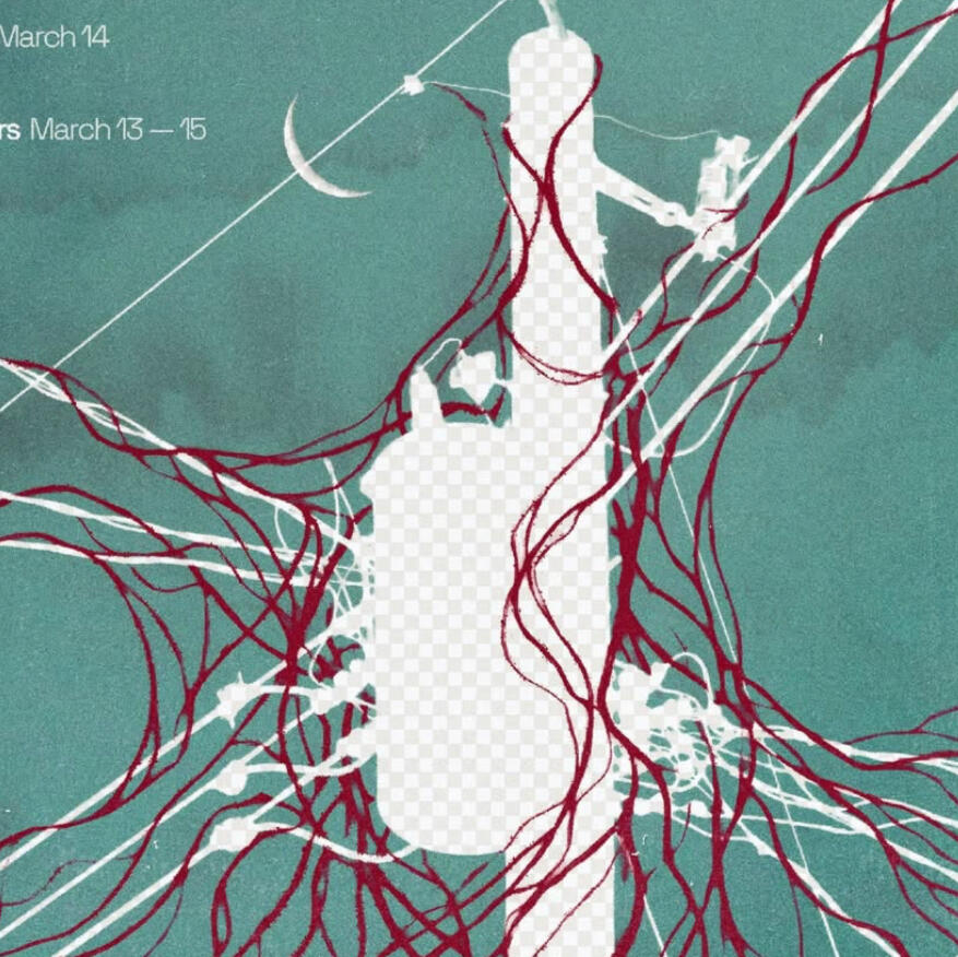 Image from Stone Soup event from 2023 Desert Biennial Project. Features bright orange diamond sign with black lettering spelling out Desert Biennial Project behind a sign made from dimensional lumber with Stone Soup painted in red on front of sign.